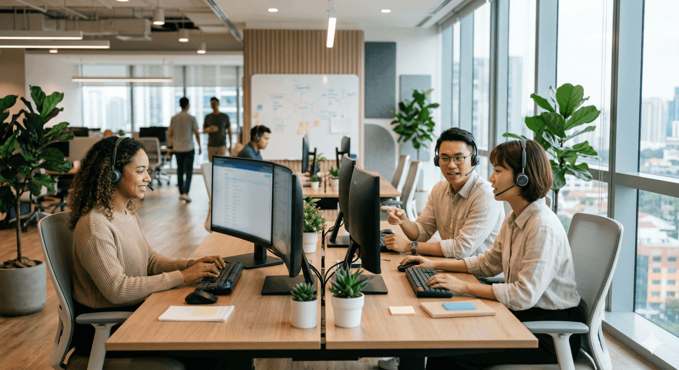 Marketing and customer support team with headsets at modern workstations in a bright open office