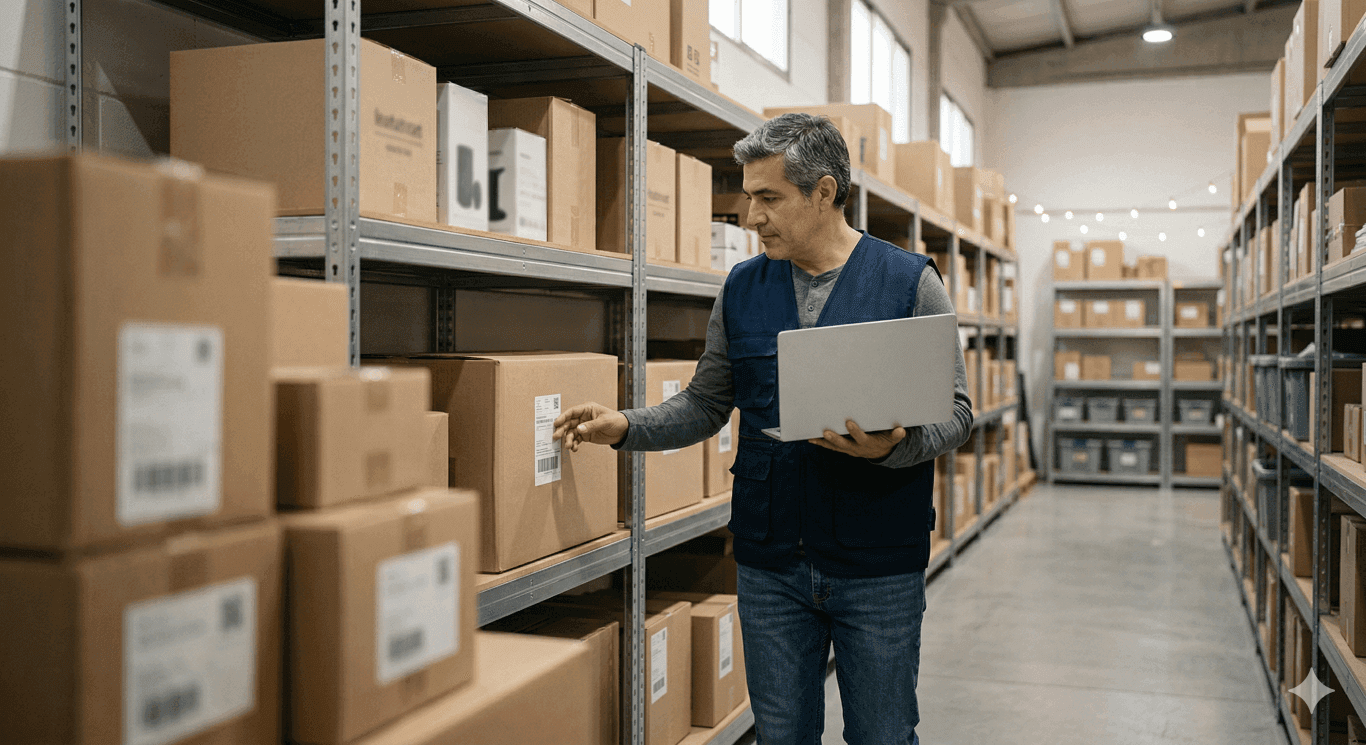 Operations manager checking inventory and shipping labels with a laptop in a warehouse