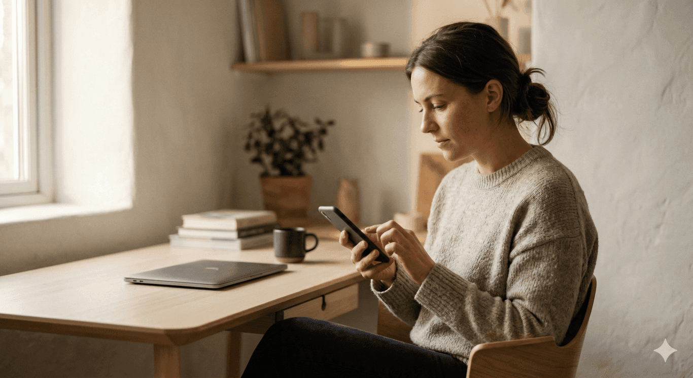 Founder at a minimalist desk managing customer conversations on a smartphone, laptop nearby